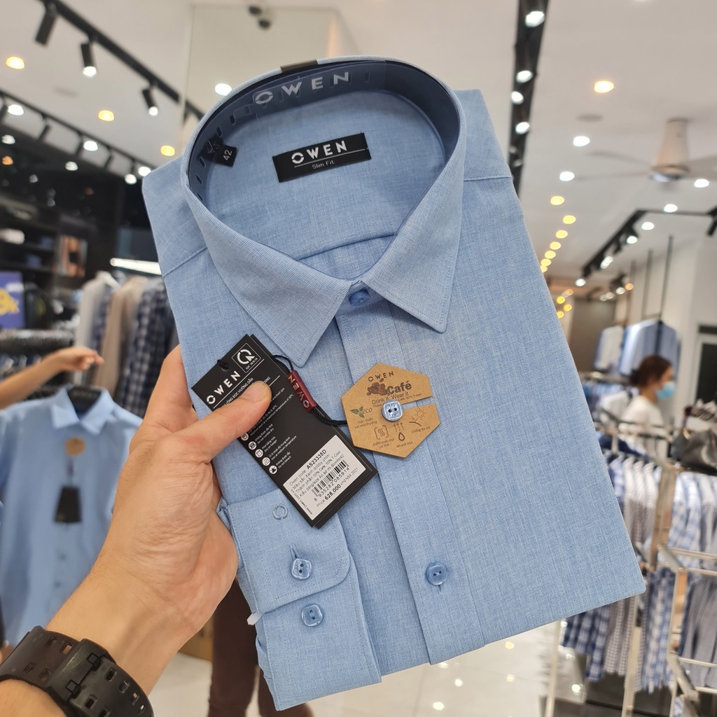 Áo Sơ Mi Nam Dài Tay Owen AS23335D Somi Công Sở Cao Cấp Màu Xanh Dobby Chìm Dáng Ôm Không Túi Vải Cafe Mềm Mát Khử Mùi | BigBuy360 - bigbuy360.vn