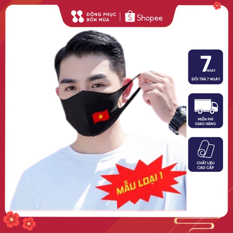 Khẩu trang vải đen kháng khuẩn In Cờ Đỏ Sao Vàng tái sử dụng nhiều lần hàng tự thiết kế chất liệu cotton sẵn hàng