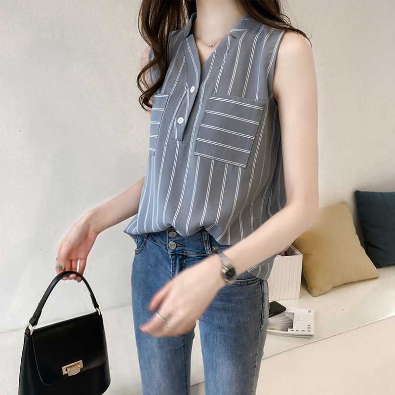FREESHIP ĐƠN 99K_ Áo Chiffon Sát Nách Cổ Chữ V Hoạ Tiết Kẻ Sọc Cho Phái Nữ