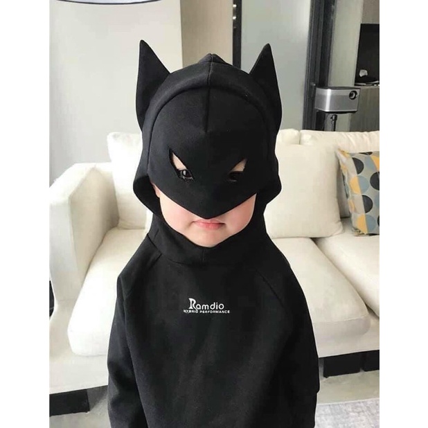 Bộ batman bé trai thu đông dài tay áo hooddie có mũ kiểu mặt nạ màu đen