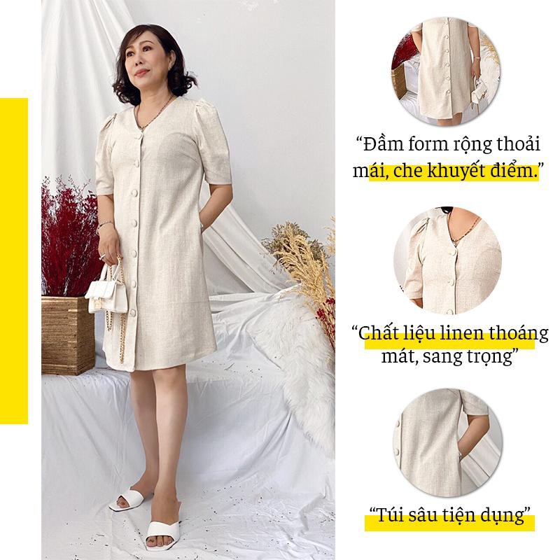 Đầm trung niên SBORG hàng thiết kế cao cấp chất liệu linen màu kem form A thoải mai de thương Bigsize quà tặng 8/3