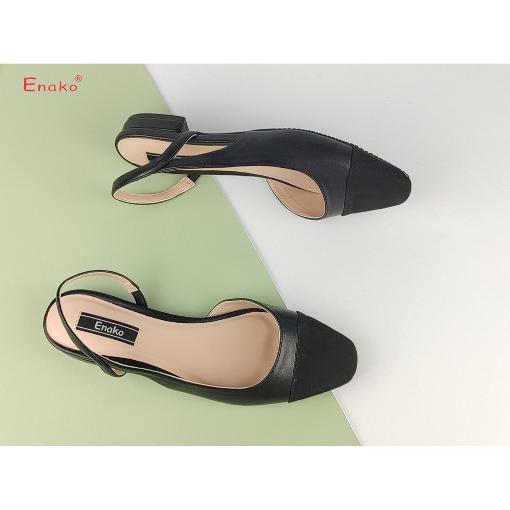 Giày sandal đế bệt bít mũi hở gót phối nỉ đen thời thượng Enako TP13505