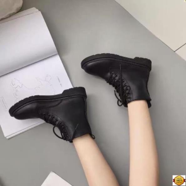 Giày boots Martin ulzzang cổ ngắn da lì đế thấp xa '