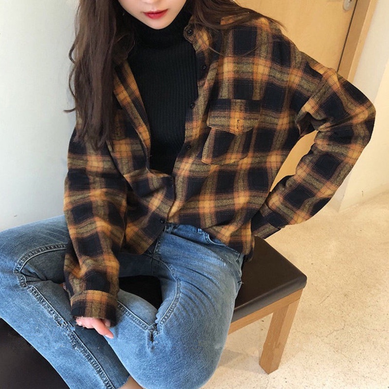 Áo sơ mi caro tay dài phong cách Hong Kong thời trang mùa thu mới cho nữ