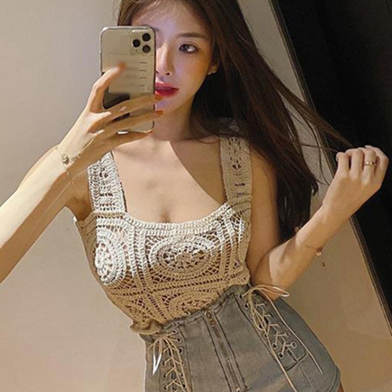 Áo Croptop Dệt Kim Sát Nách Cổ Vuông Dáng Rộng Họa Tiết Kẻ Sọc Thời Trang Mùa Hè Cho Nữ