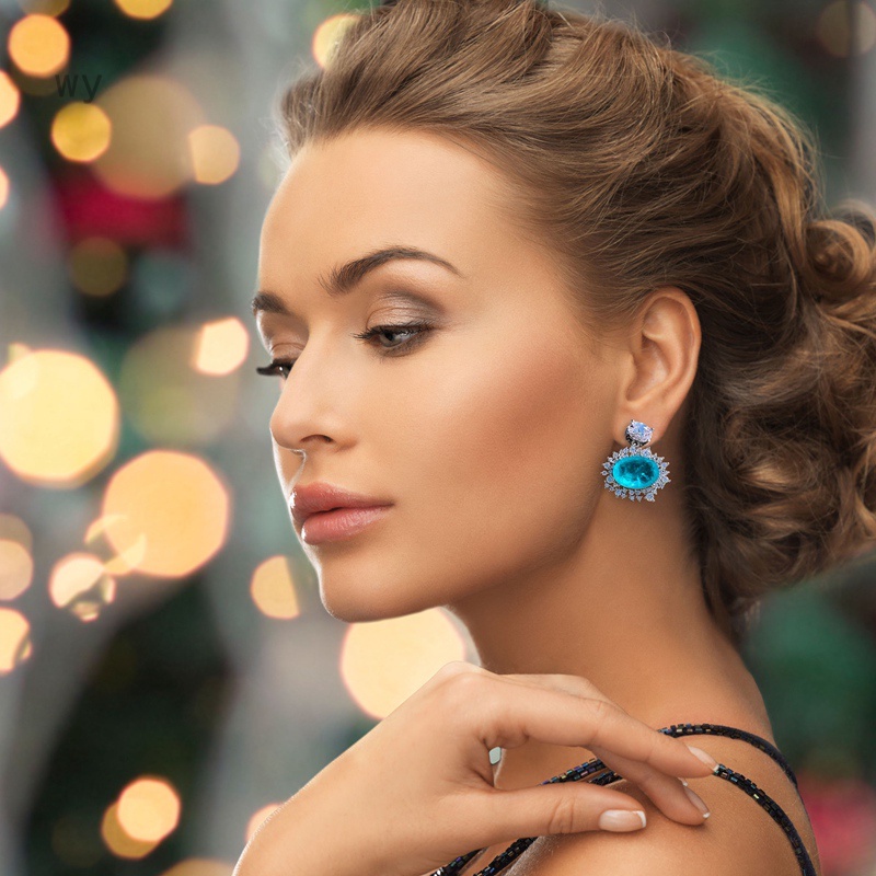 Bông tai đính đá zircon màu xanh dương thời trang sang trọng cho nữ