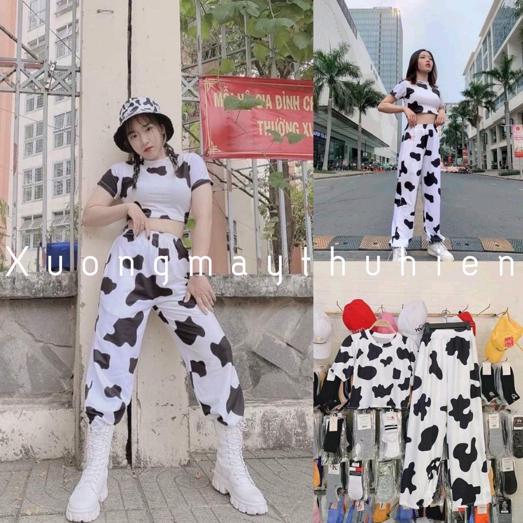 Set bộ áo croptop bò sữa phối quần loang unisex ống rộng / Áo crt ôm body mix quần suông phong cách