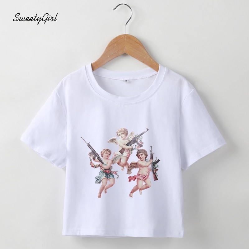 Áo croptop ngắn tay cổ tròn in họa tiết thiên thần thời trang trẻ trung cho nữ