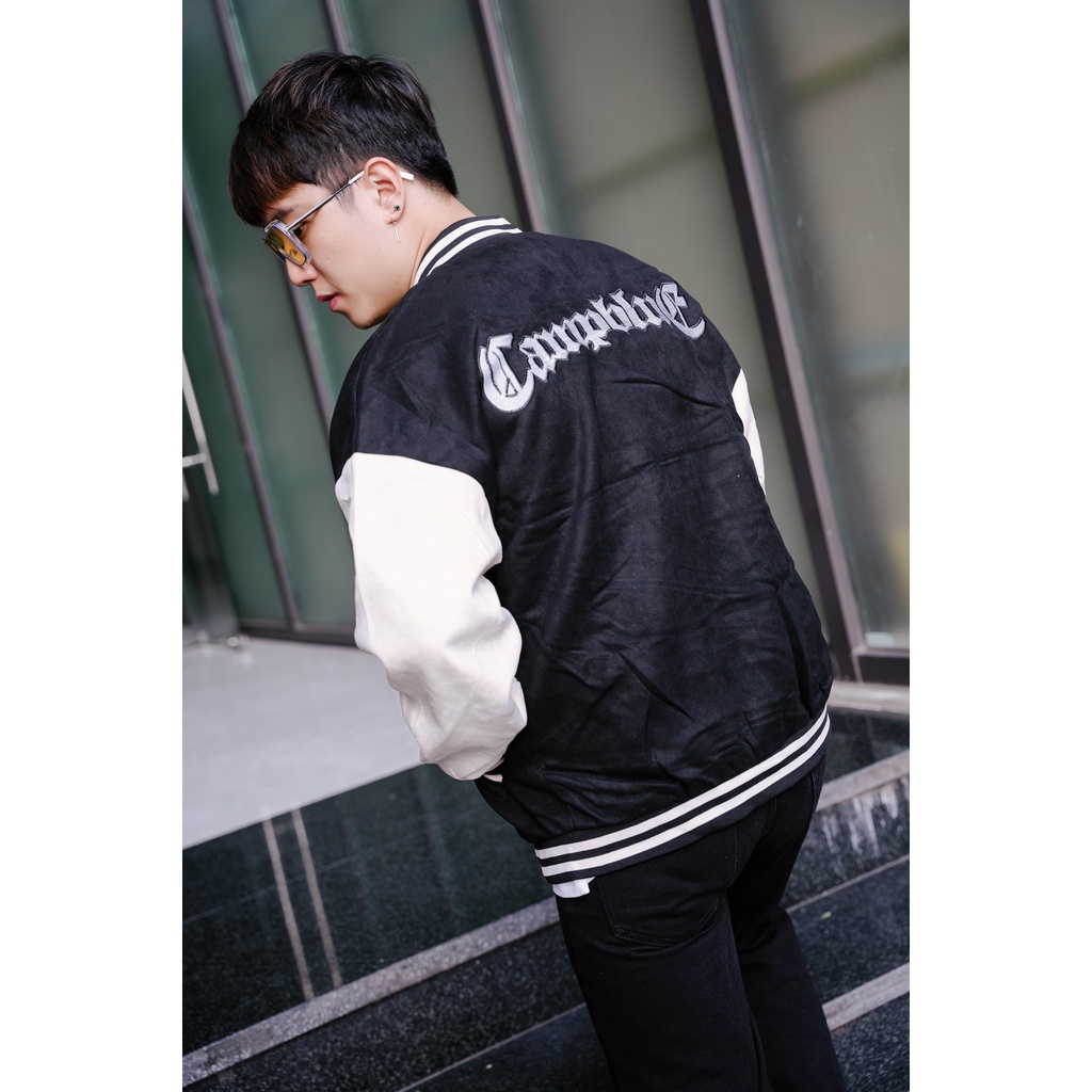 Áo khoác Bomber Maltrik, áo khoác jacket Campblue hình lửa phối tay trắng chất liệu nỉ bông cao cấp