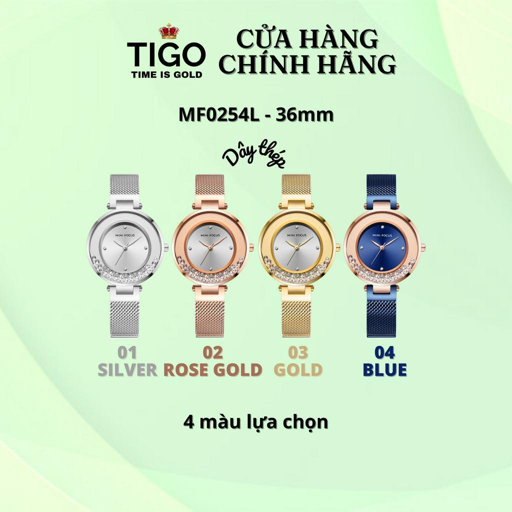Đồng Hồ Nữ MINI FOCUS MF0254L.04 Dây Thép Xanh Viền Vàng Hồng Thép Không Gỉ Cao Cấp Mặt Tròn Đường Kính 36mm Chống Nước