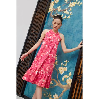 Edini - d1364 đầm yếm hoa hồng bèo xòe