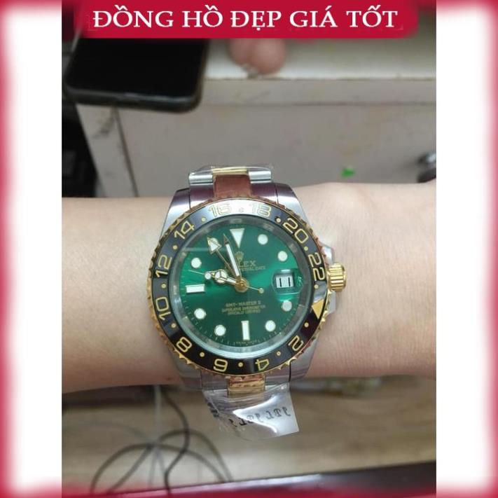 Đồng hồ Nam Ro-lex cơ automatic dây kim loại Ro-lex Submariner máy Nhật 40mm mặt xanh lá vỏ vàng