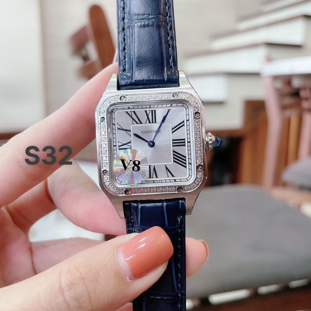 Đồng Hồ Nữ Catier Viền Đính Đá , Máy Pin , Dây Da Vân , Size 28/32mm