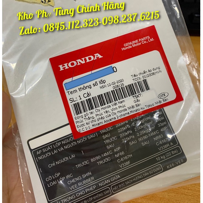 Tem thông số lốp HONDA Air Blade đời 2017-2018