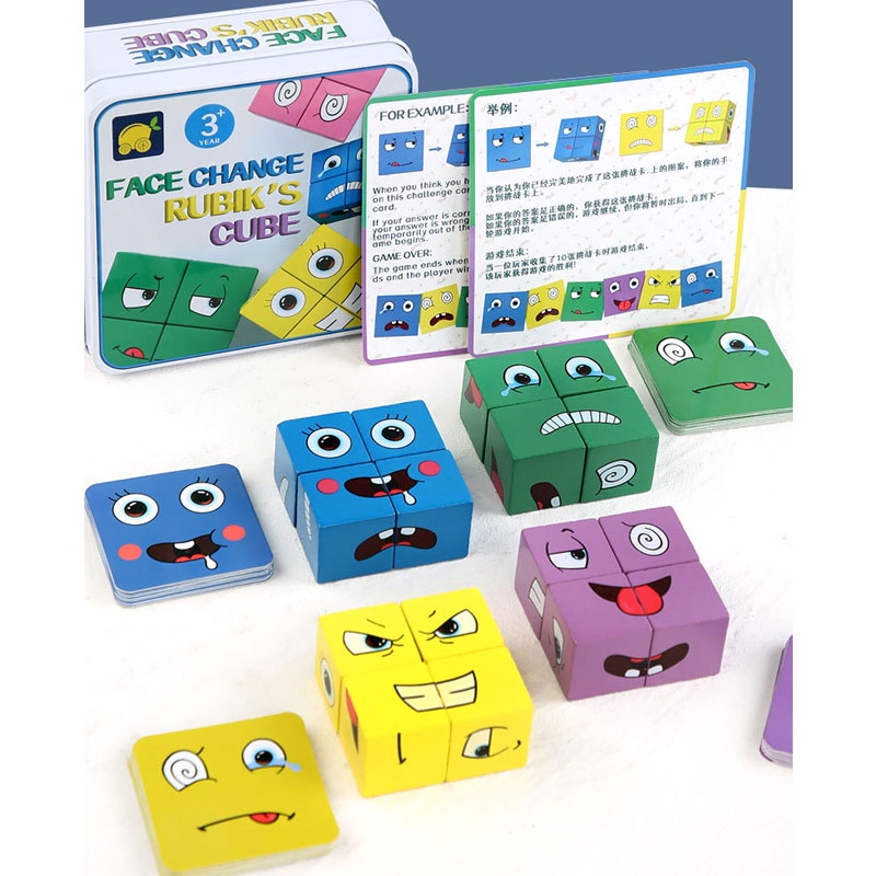 Hộp sắt Xếp hình khuân mặt kèm thẻ Face change rubik is Cube - xếp gỗ