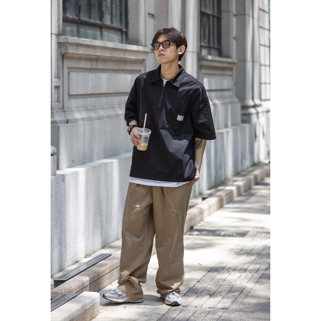 Áo sơ mi nam tay ngắn BOIZ áo sơ mi nam nữ unisex form rộng cổ áo có dây kéo