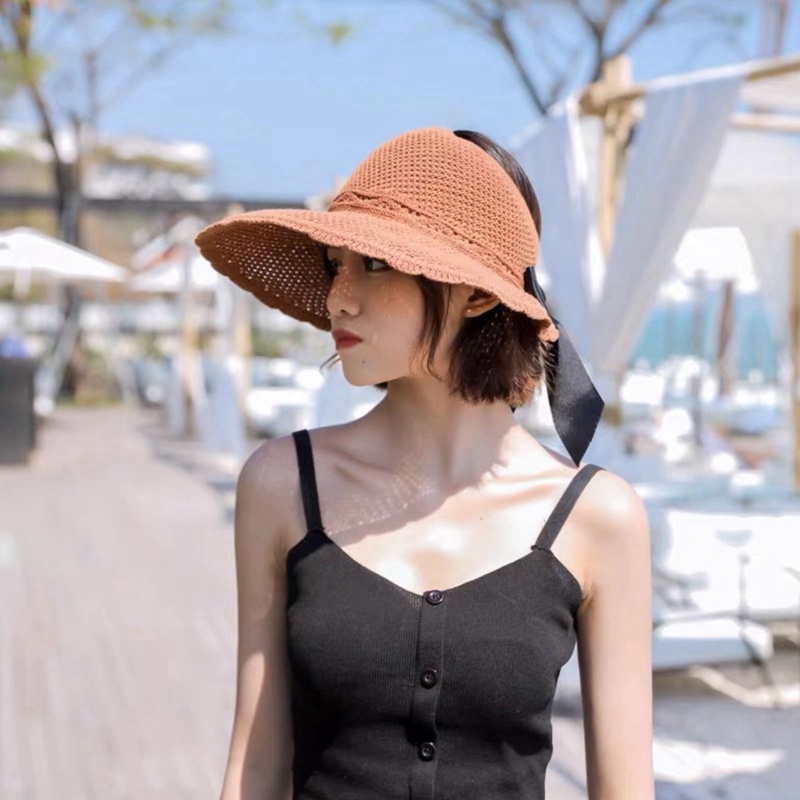 Nón Rơm Vành Rộng Hở Chóp Phối Nơ Thời Trang Mùa Hè Chống Nắng Cho Nữ