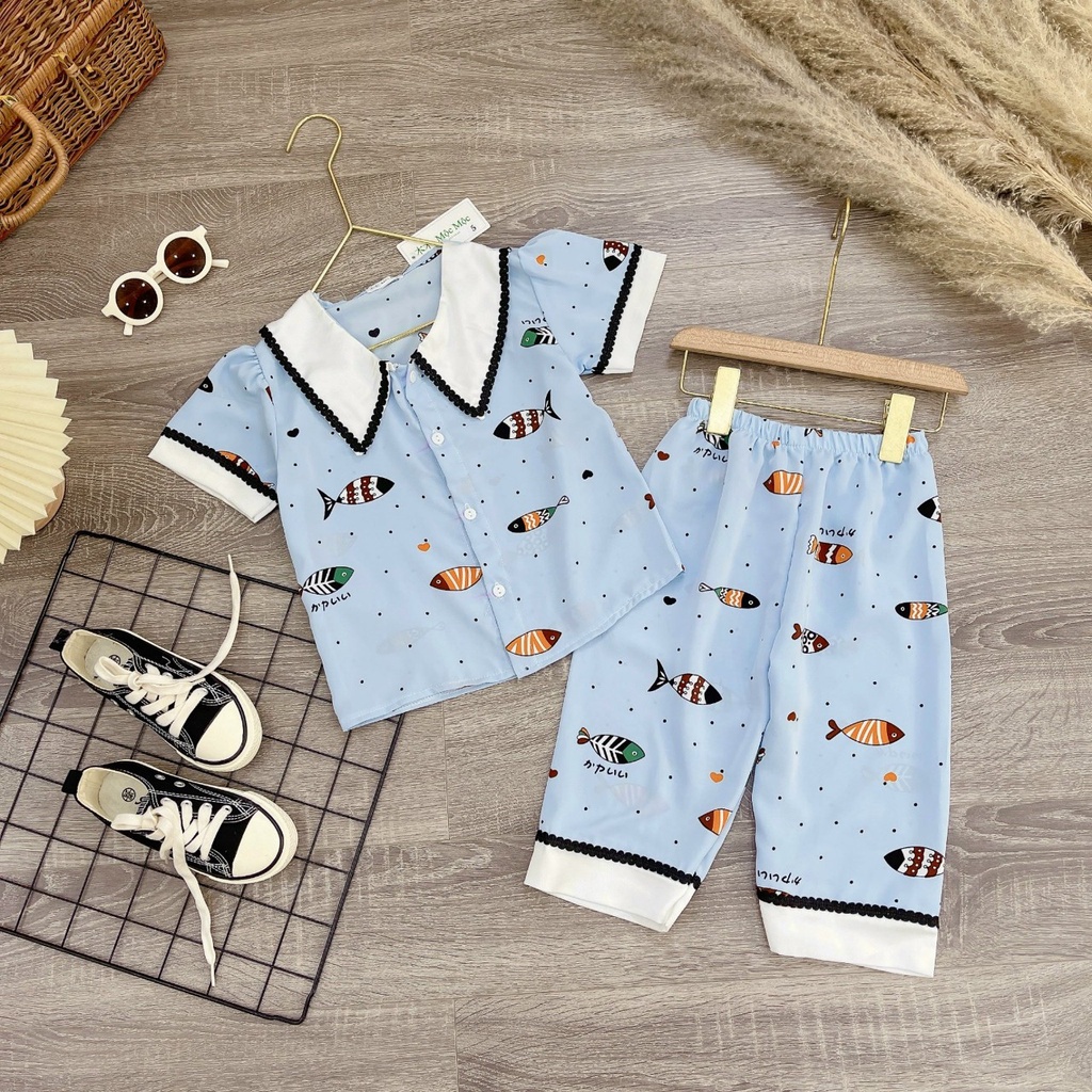 Bộ pijama lửng lụa mềm mát cho bé gái - Bộ đồ ngủ hai màu xanh hồng cho bé từ 10 đến 29 kg