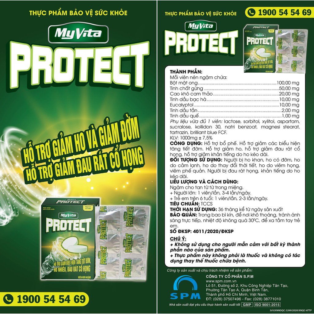 Viên ngậm ho MyVita Protect - Sát trùng mũi họng, bổ phế - Giảm ho, đau rát cổ họng, khản tiếng, ho đờm (vỉ 4 viên)