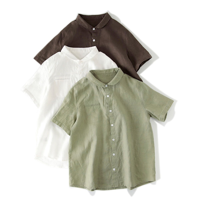 Ice cotton linen short-sleeved shirt Japanese stand-up collarblouse second to kill the big brand withdraw single cut label