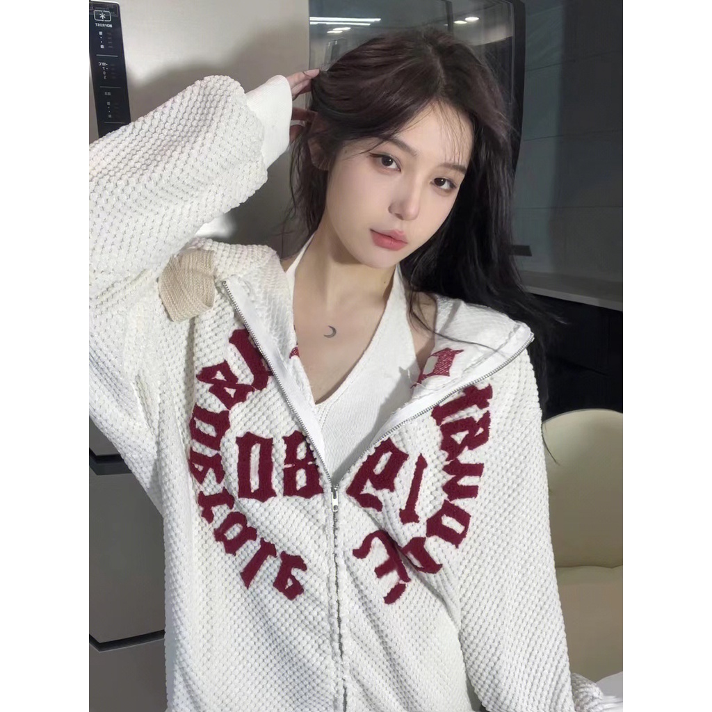 Áo hoodie ZHELIHANGFEI dáng rộng thêu chữ phong cách Mỹ thời trang