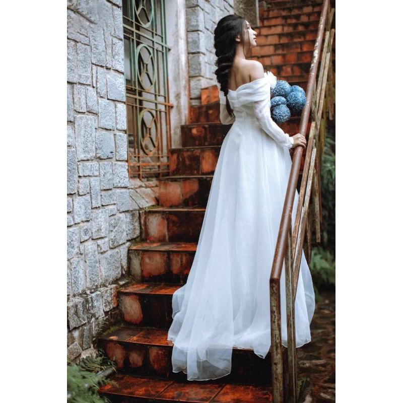đầm cưới cô dâu, váy maxi dài tay chụp ảnh ngoại cảnh