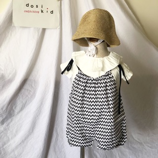 Set áo sơ mi + yếm kẻ ngang + nón cói bé gái