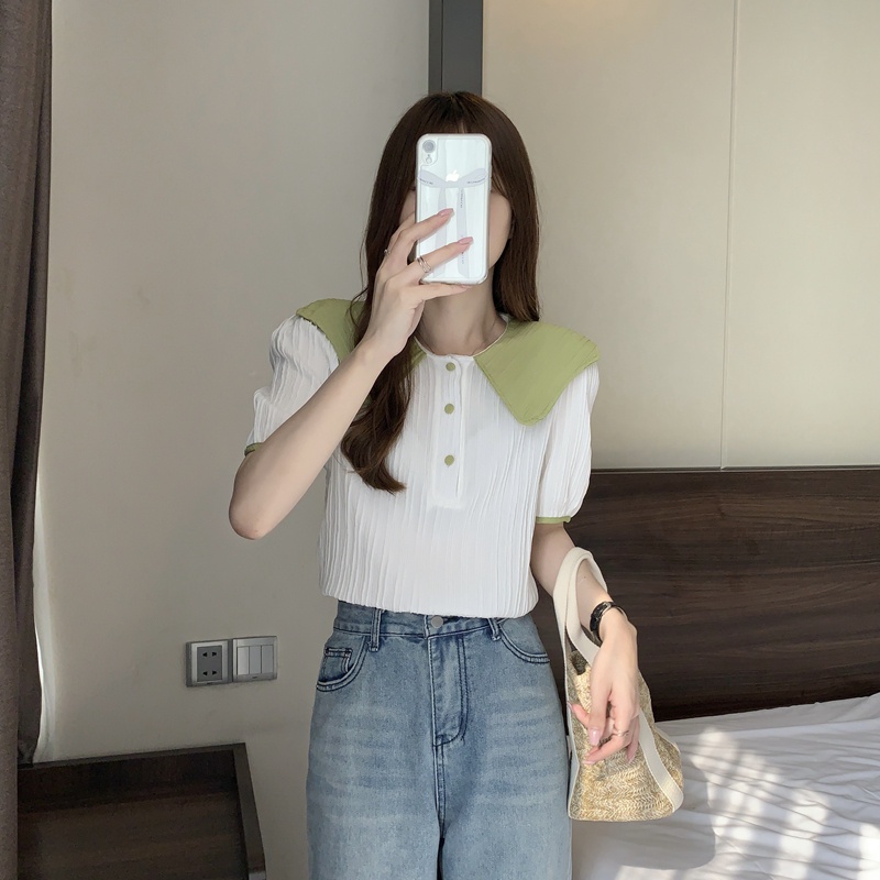 SUXI Áo Trắng Tay Ngắn Cổ Búp Bê Dáng Rộng Thời Trang Mùa Hè Ngọt Ngào Cho Nữ