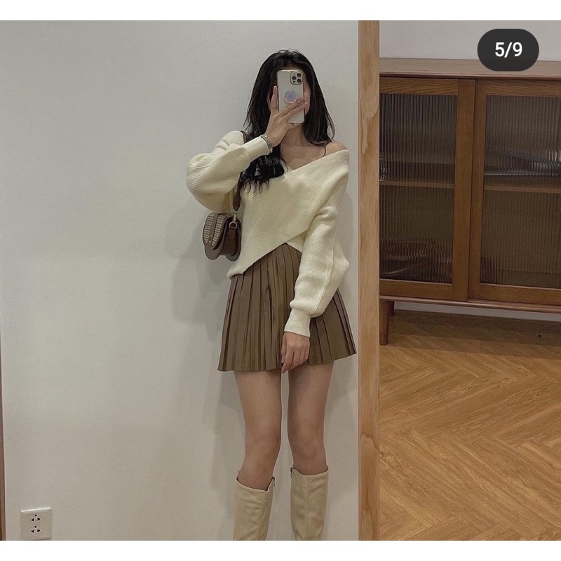 Áo len dài tay trễ vai vạt chéo hàng Quảng Châu sang chảnh