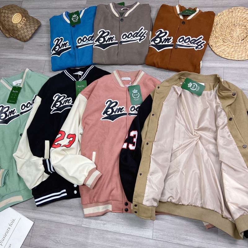 Áo Bomber Nhung Tăm 2 Lớp Áo Khoác Bóng Chày Thể Thao Số 23 Dáng Thụng Rộng