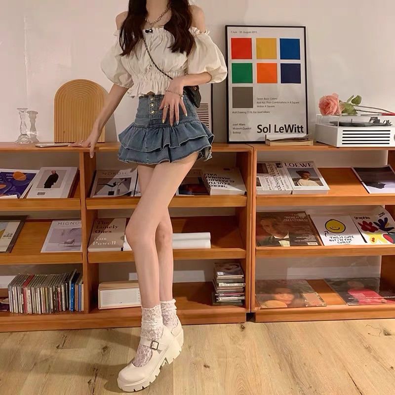 Chân Váy Jean Đuôi Cá Xòe Chữ A Có Quần Bảo Hộ  Chân Váy Xòe Dáng Ngắn Phong Cách Hàn Quốc YUMI BÁN SỈ