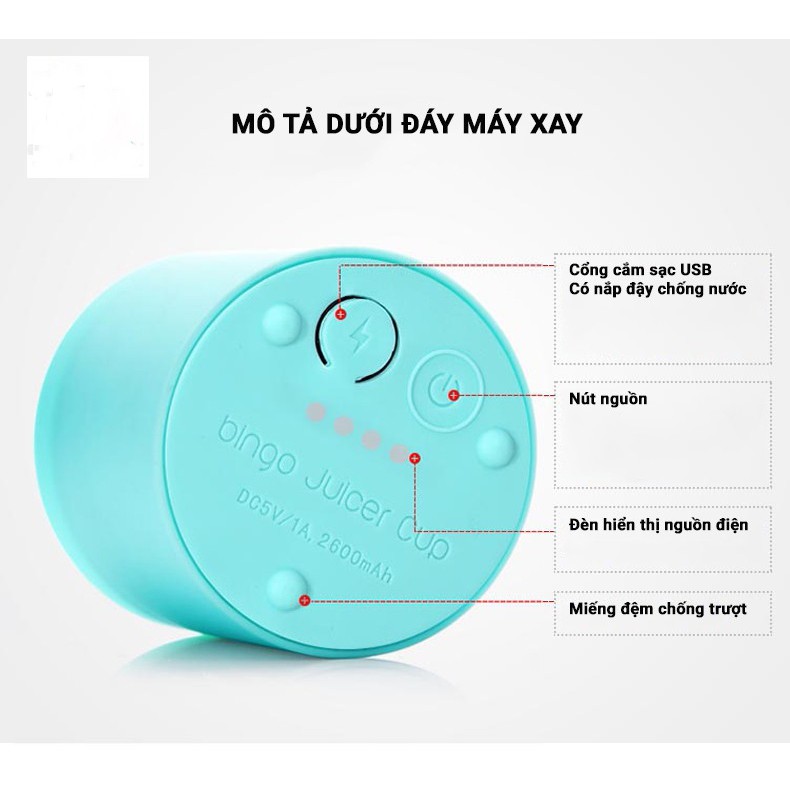 Máy xay sinh tố mini cầm tay Bingo 4 lưỡi sạc pin dung tích 500ml