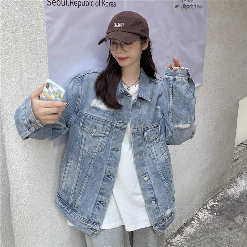 Áo khoác jeans BigSize Rách Kiểu phom Unisex Nam Nữ mặc MLJ