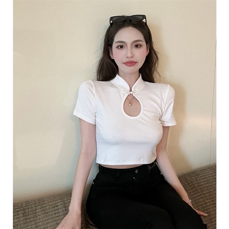 Áo croptop nữ phối cổ cao kiểu tàu chất vải thun gân len FreeSize dưới 53kg | BigBuy360 - bigbuy360.vn