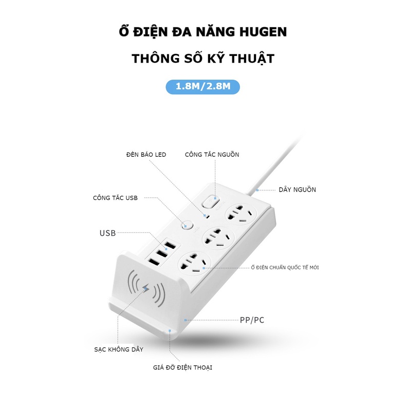 Ổ cắm điện đa năng thông minh có Sạc Không Dây 3 ,Cổng USB Sạc Nhanh, Ổ Chịu Tải 2500W, Tiết Kiệm Điện, Chống Cháy Nổ