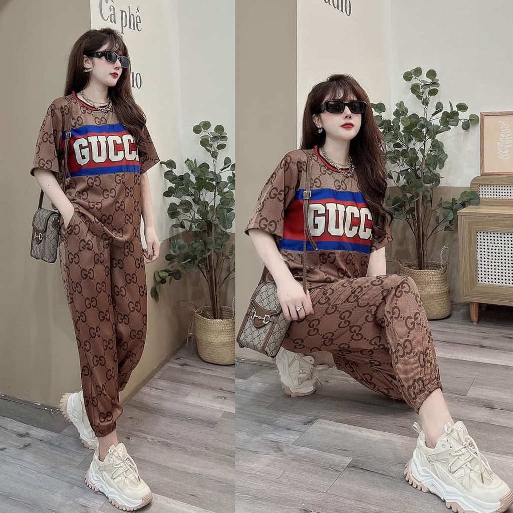 Đồ bộ thun dài form rộng họa tiết in 3D màu nâu