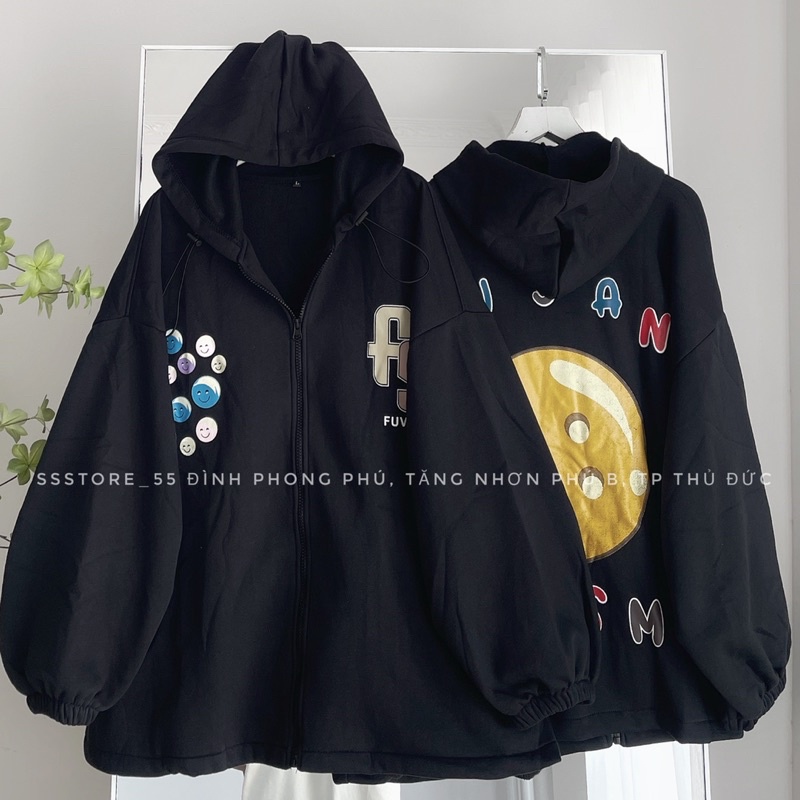 Áo Khoác nỉ bông FY mặt cười màu tan form rộng unisex nam nữ_SSSTore