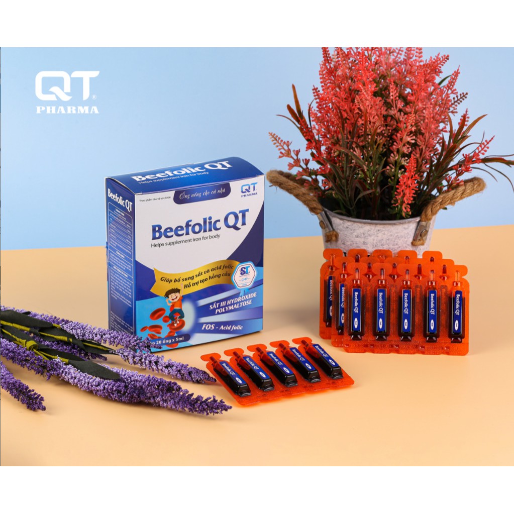 BeeFolic QT Pharma Việt Nam hộp 20 ống x 5ml giúp bổ sung sắt và acid folic, hỗ trợ tạo hồng cầu cho cơ thể