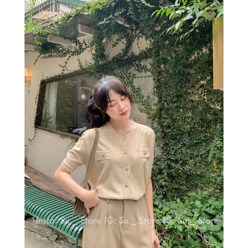 Áo len mỏng cổ tròn túi giả đính cúc A2326 SUSTORE
