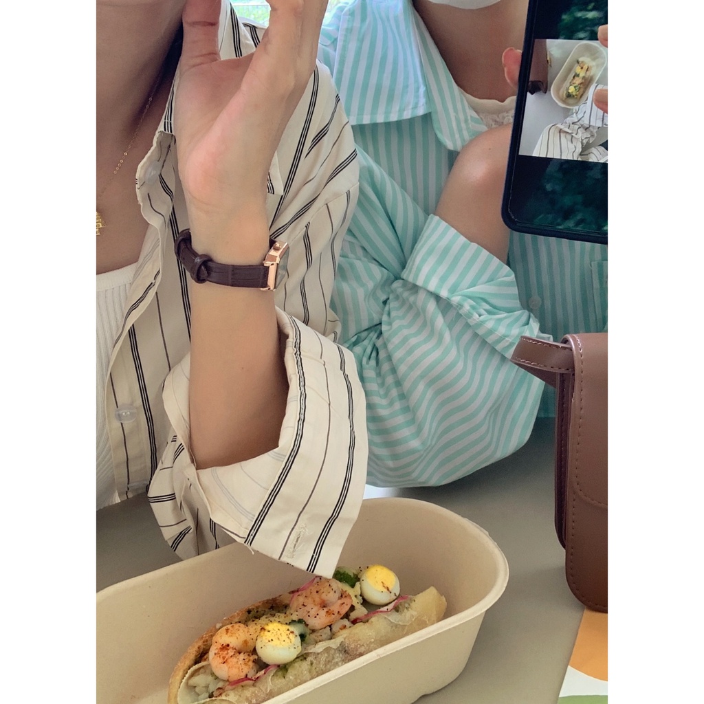 Xiaozhainv Áo sơ mi tay dài họa tiết kẻ sọc phong cách Hàn Quốc trẻ trung cho nữ