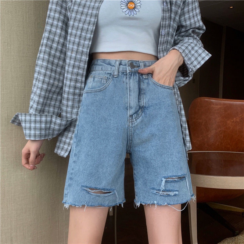 COZOK Quần Short denim Lưng Cao Ống Rộng Phối Rách Kiểu Hàn Quốc Cá Tính