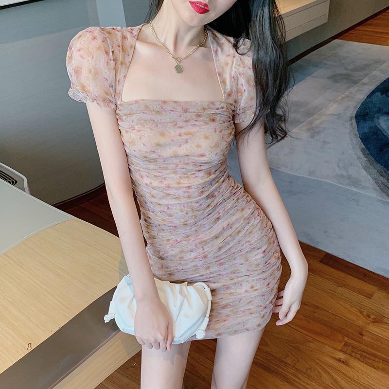 Đầm hoa tay phồng ngắn cổ vuông thời trang xuân hè dành cho nữ