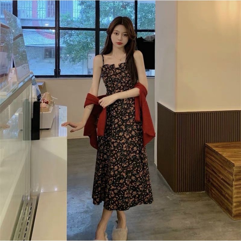 Set áo khoác đỏ cardigan kèm váy 2s hoa nhí