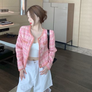 Áo khoác dạ tweed hồng cổ tròn dáng ngắn [Ảnh thật 4-9]