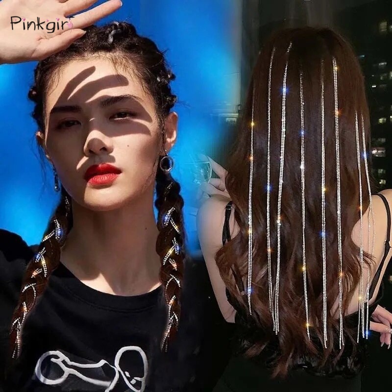 Kẹp tóc trang trí kiểu tóc bím đính đá phối dây xích chất lượng cao cho nữ