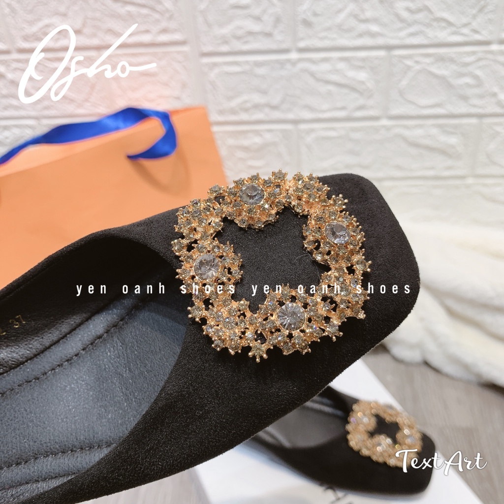 Giày Bệt Nữ Thiết Kế OSHO Đính Nơ Đá Họa Tiết Mũi Vuông, Ôm Chân Tôn Dáng, Chất Da Lộn Cao Cấp 613-52