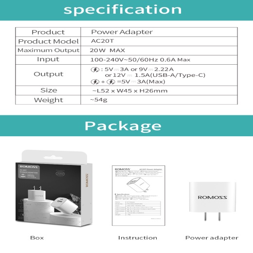 Củ sạc ROMOSS Ac20t USB và type C 20W Pd qc3.0