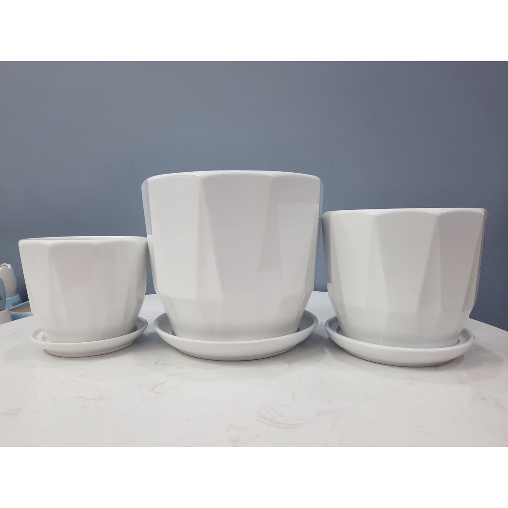 Chậu hoa gốm sứ men bóng họa tiết xinh xắn kèm dĩa đựng nước