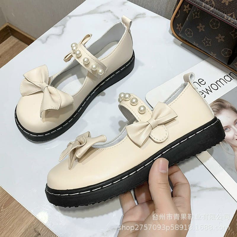 Giày lolita gắn nơ quai ngang đính ngọc siêu xinh - màu đen/kem | BigBuy360 - bigbuy360.vn