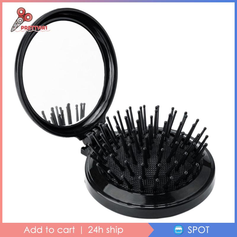 Lược Chải Tóc Kèm Gương Tròn Màu Đen Chống Tĩnh Điện Prettyia1